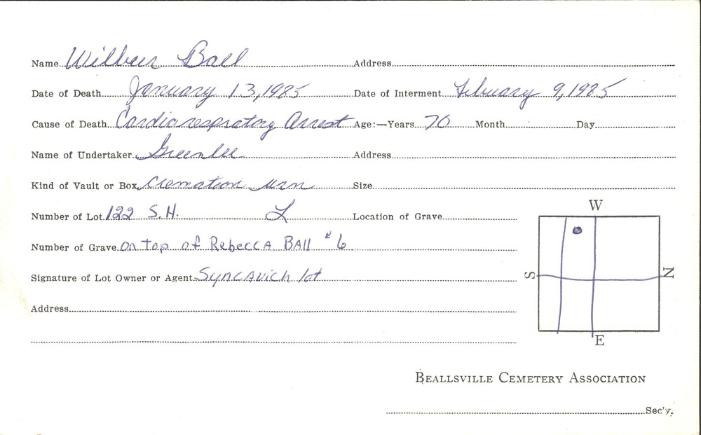 Wilbur Ball burial card